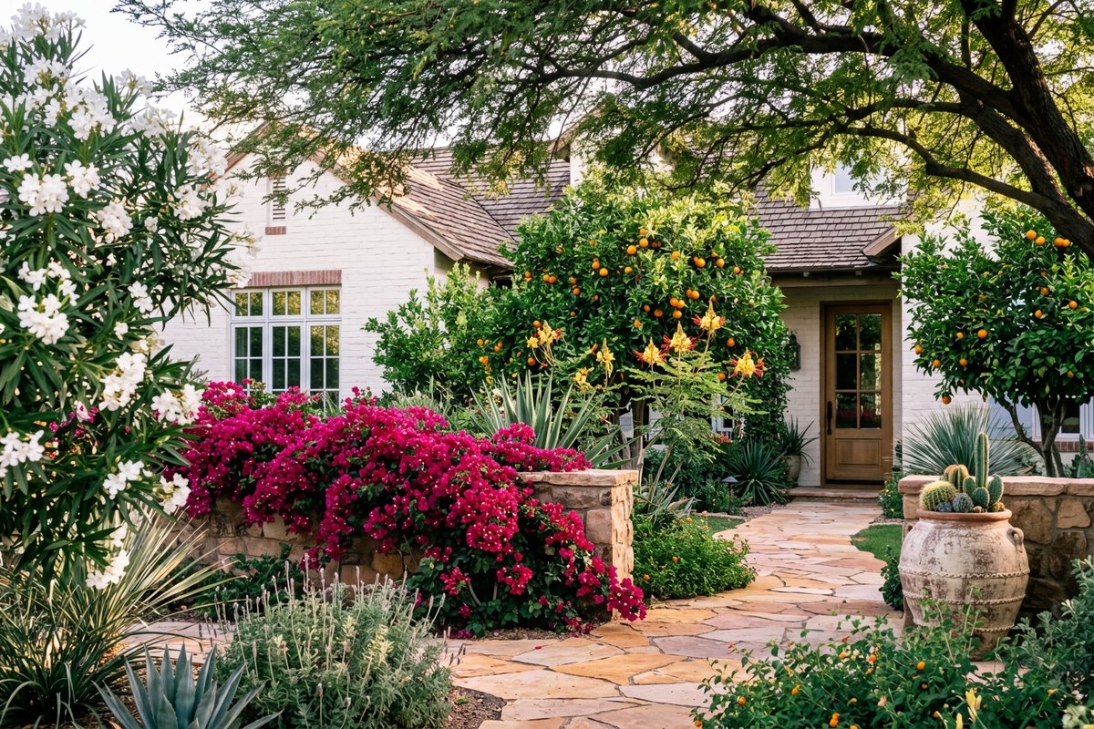 Seasonal garden with mature citrus trees in an Arcadia estate