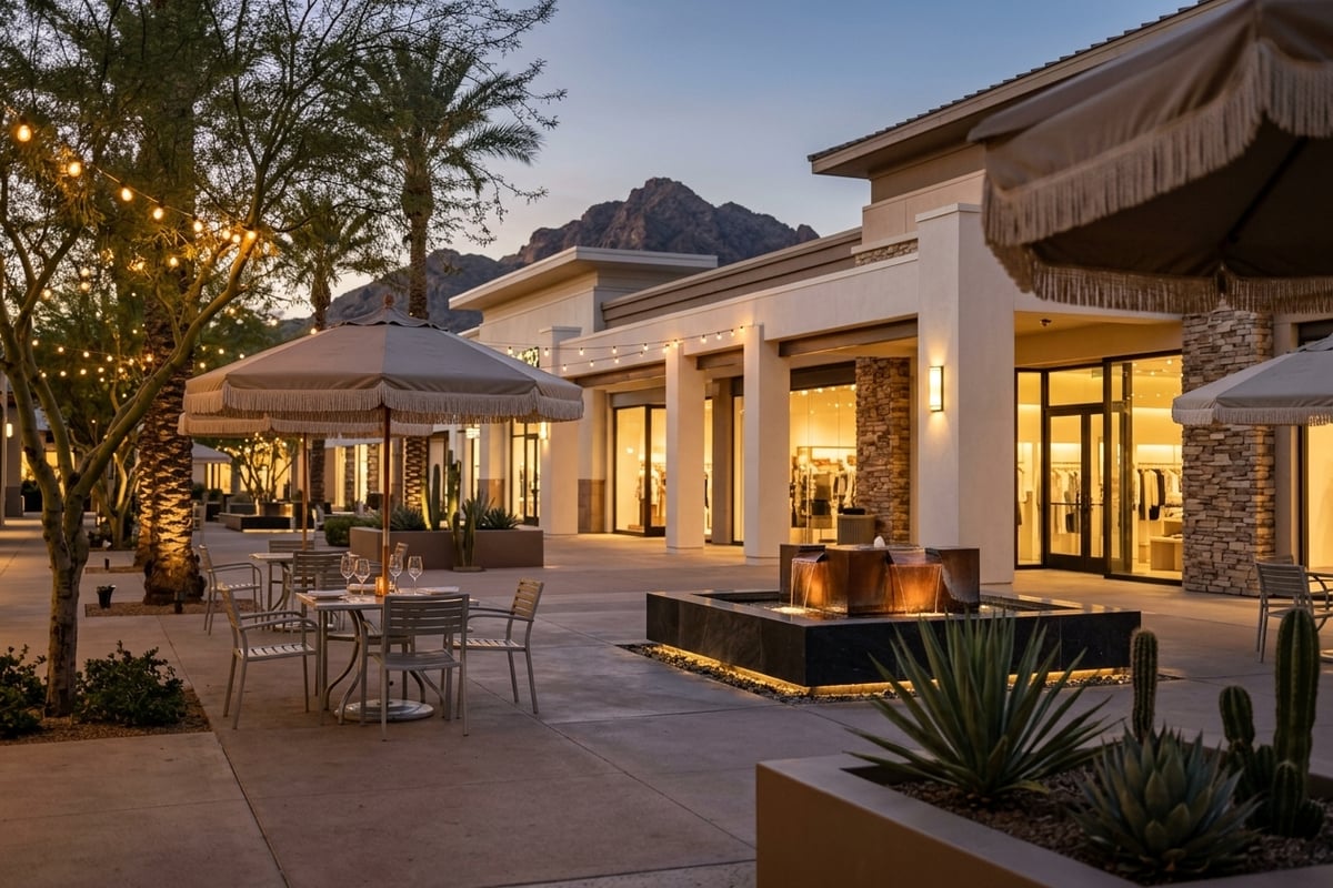 Biltmore Fashion Park courtyard at dusk with boutique storefronts