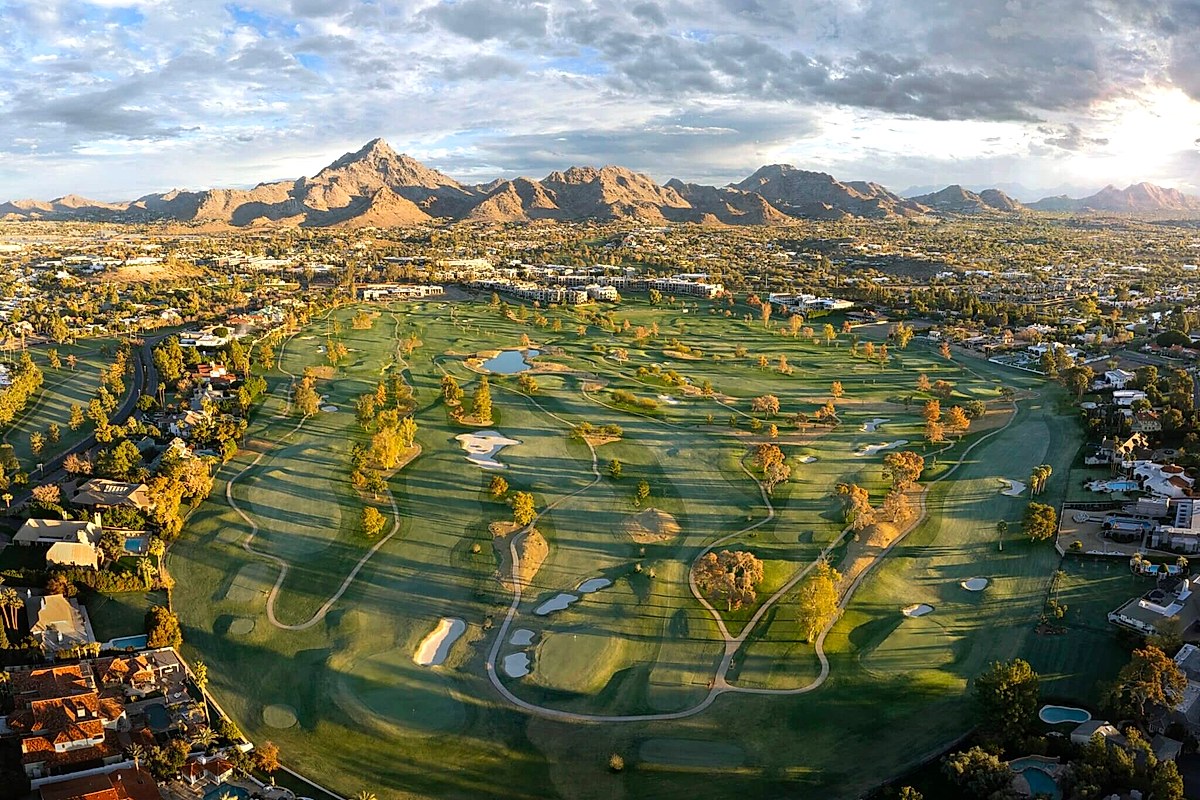 Panoramic view of Arizona Biltmore golf course with Camelback Mountain