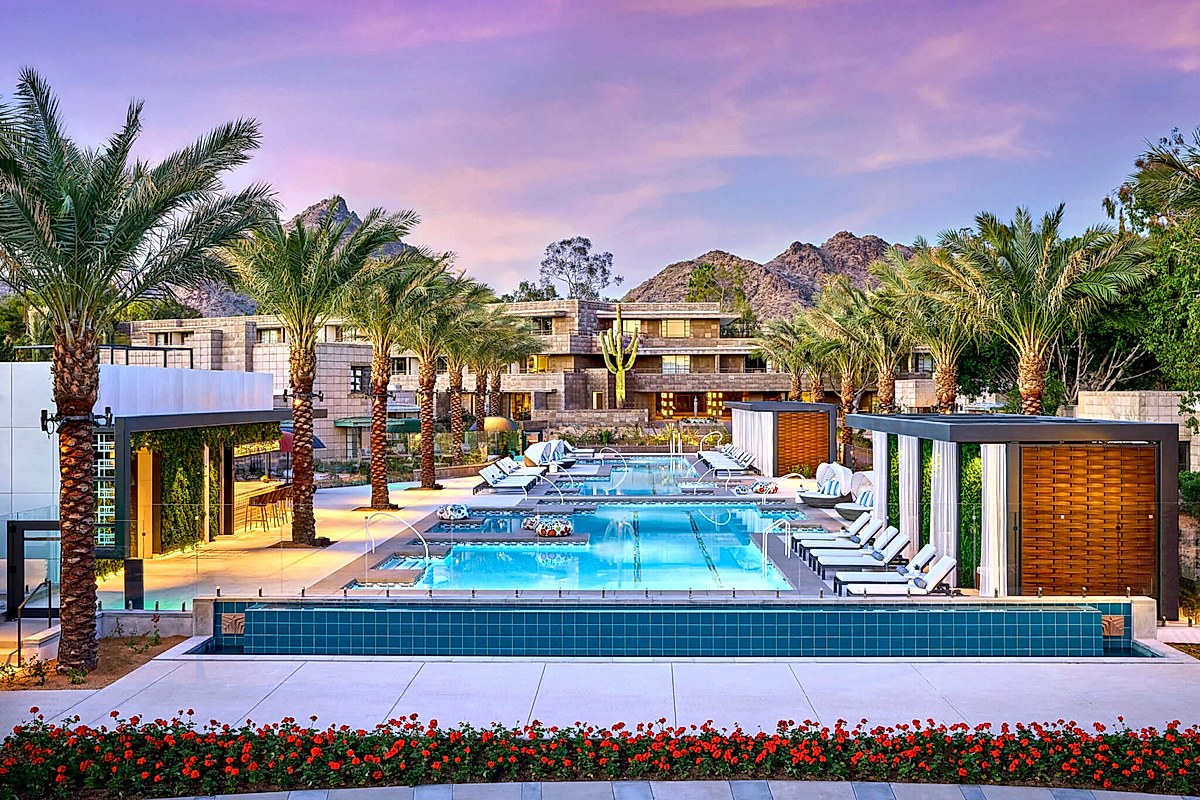 Saguaro pool at dusk at the Arizona Biltmore Resort