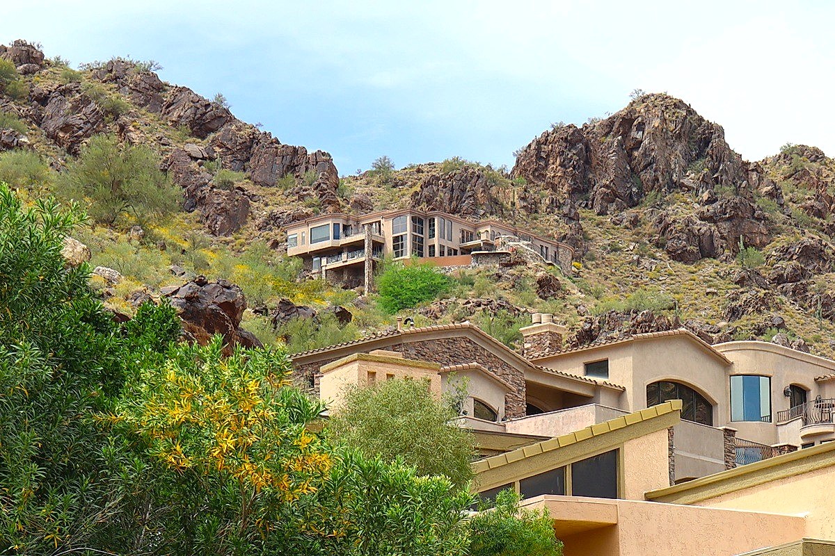 Aerial view of Camelback and Mummy Mountain in Paradise Valley