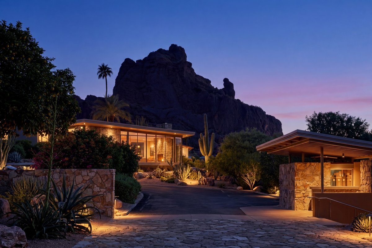 Desert modern estate in Paradise Valley at twilight with warm interior lighting