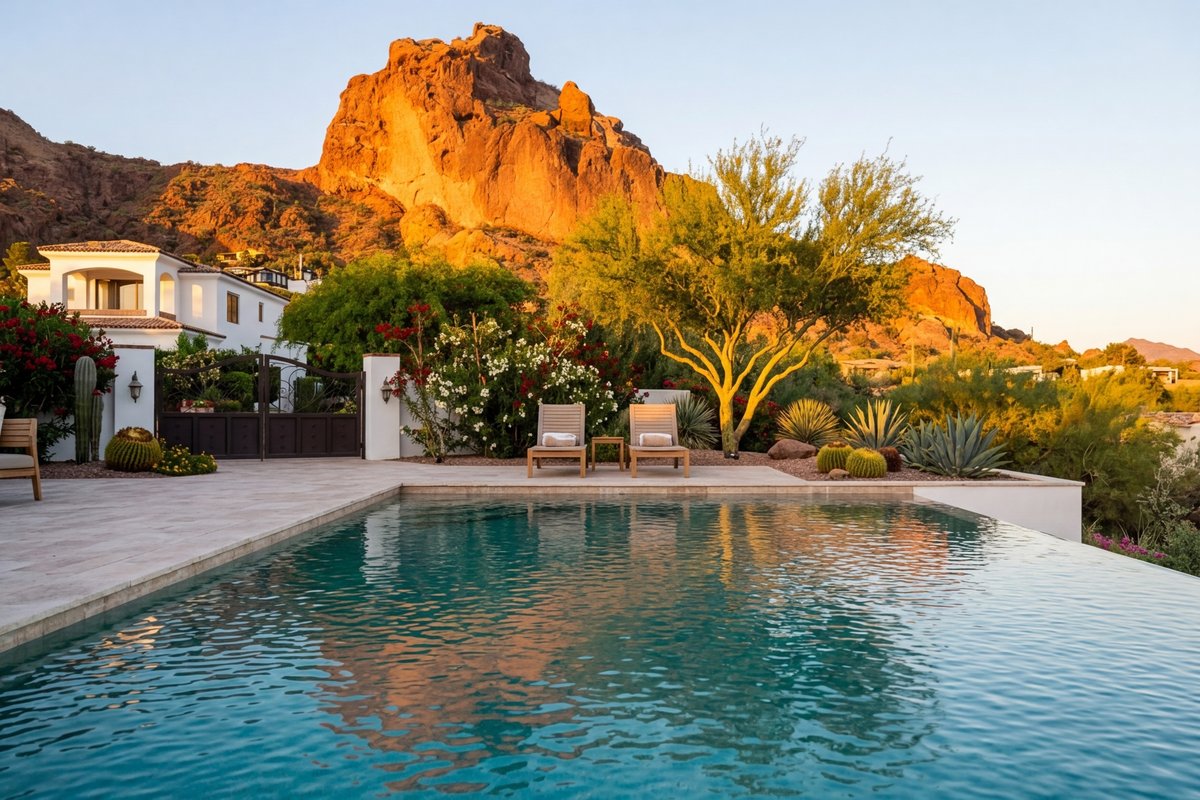 Infinity pool reflecting mountain silhouettes at sunset in Paradise Valley