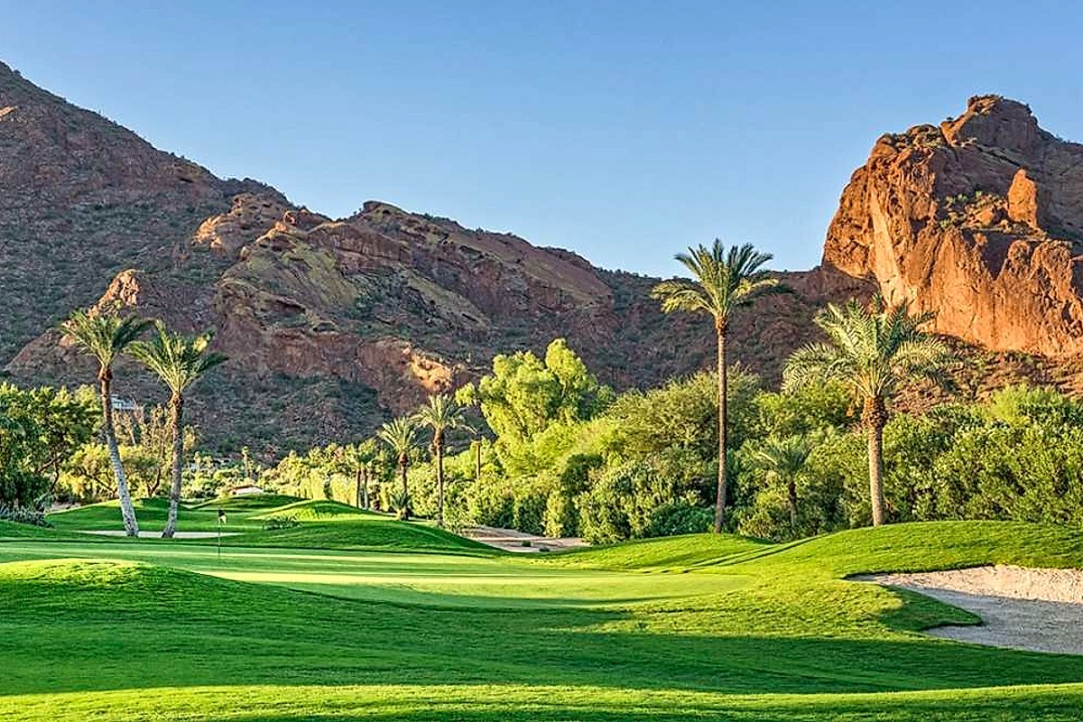 Golf course at Mountain Shadows Resort with mountain backdrop in Paradise Valley