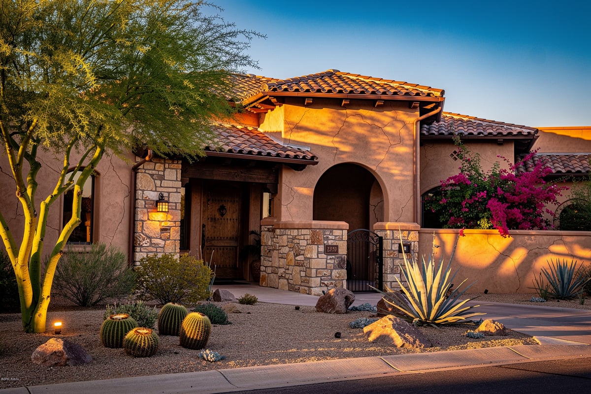 Southwestern Spanish Colonial estate with stucco walls, arched entry, and desert landscaping